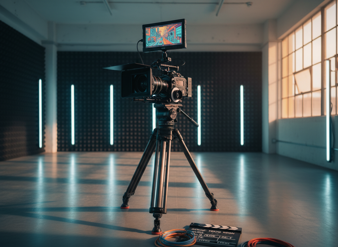 A sleek, high-end digital cinema camera rig with matte box, follow focus, and an external monitor showing a vibrant storyboard frame, mounted on a carbon fiber tripod in the center of a minimalist Tokyo loft studio. Around it, modular LED panels glow with soft, adjustable hues of cool white and pale cyan, reflecting subtly on brushed concrete floors and sound-absorbing black acoustic panels. Golden hour light streams through wide windows, mixing with the studio lighting to create a dynamic yet controlled atmosphere. Shot at eye level with a shallow depth of field, foreground cables and a neatly organized clapperboard blur slightly, emphasizing the camera as the creative heart. The photographic realism and playful color accents suggest professional but imaginative video production.