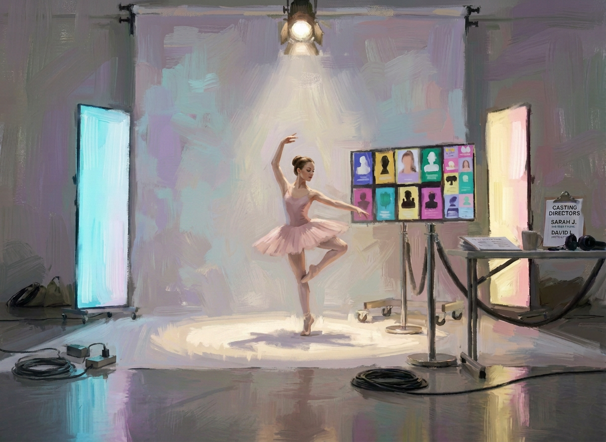 A stylish casting stage featuring a simple, seamless dove-gray backdrop and a central, height-adjustable studio chair crafted from matte white molded plastic and brushed metal. On one side stands a tall LED panel casting soft, flattering key light, while the opposite side hosts a slimmer fill light, both with playful pastel gels that add subtle color gradations. A large monitor on a rolling stand shows a grid of abstract avatar silhouettes and colorful talent profiles instead of real people, suggesting artist representation and actor incubation. The polished concrete floor reflects delicate highlights, and a low, slightly off-center camera angle emphasizes the stage as a launchpad for talent. The mood is inviting and aspirational, combining photographic realism with a clean, fashion-forward aesthetic.